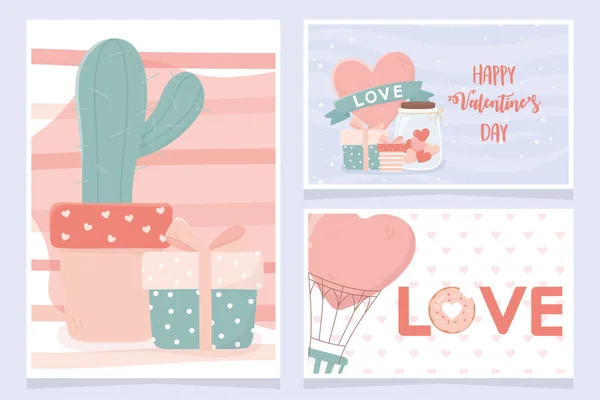 Feliz dia dos namorados banners cacto ifts coração conjunto de balão de ar — Vetor de Stock