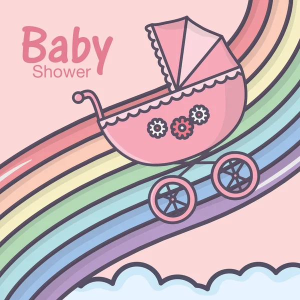 Bebê chuveiro rosa pram nuvens arco-íris — Vetor de Stock