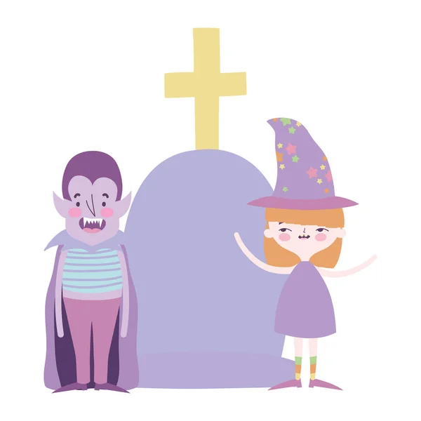 Happy halloween celebration girl witch and boy dracula with tombstone — Stock Vector