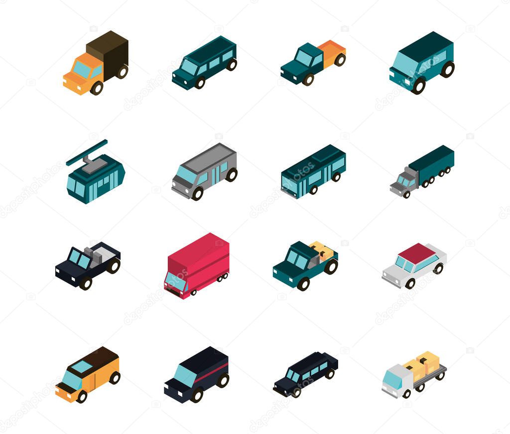 transport car truck vehicles isometric icons set