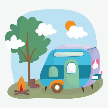 Kamp botu şenlik ateşi tatili macera tasarımı