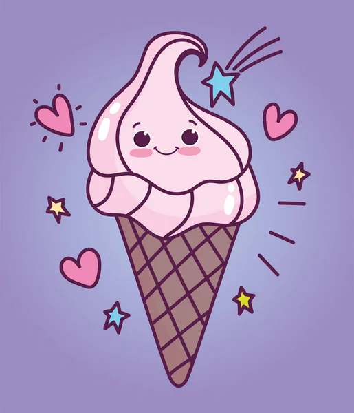 食べ物かわいいアイスクリームの心の星の漫画 — ストックベクタ