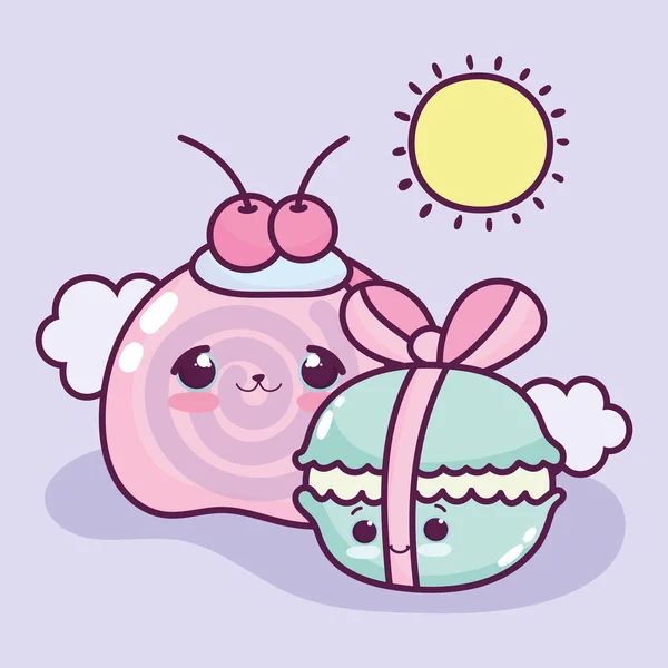 Essen süße Früchte und süße Cupcake Sonne Cartoon — Stockvektor