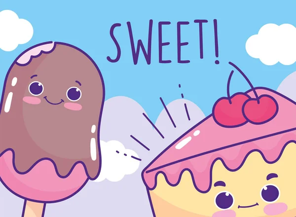 Comida lindo helado en palo y pastel de dibujos animados — Vector de stock