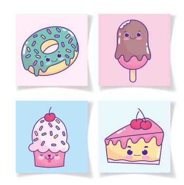 food cute donut ice cream in stick cake and cupcake cards cartoon