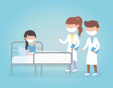 Virüs kovid 19 karantina, kadın ve erkek doktor ve maskeli hasta kadın.