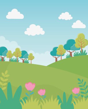 landscape hills trees flowers sky foliage nature greenery image