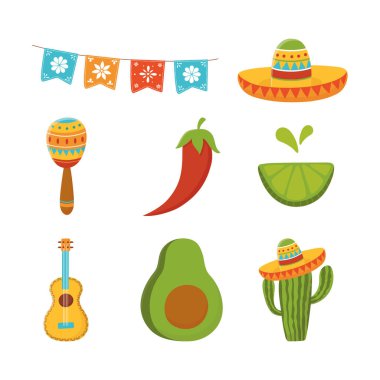 Cinco de Mayo gitar kaktüsü maraca limon avokado Meksika ikonları