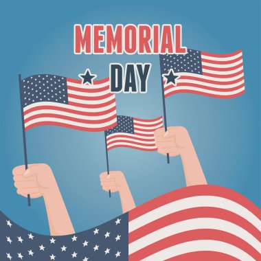 happy memorial day, raised hands with flags american celebration