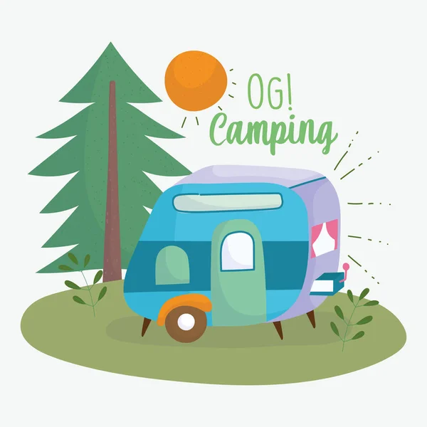 Camping trailer pinheiros férias atividade projeto de aventura — Vetor de Stock