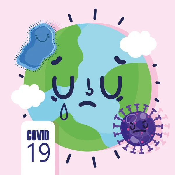 Virus covid 19 pandemic, cartoon sick world crying — Διανυσματικό Αρχείο