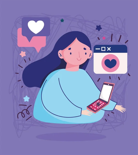 Jeune femme avec smartphone message romantique amour dessin animé — Image vectorielle