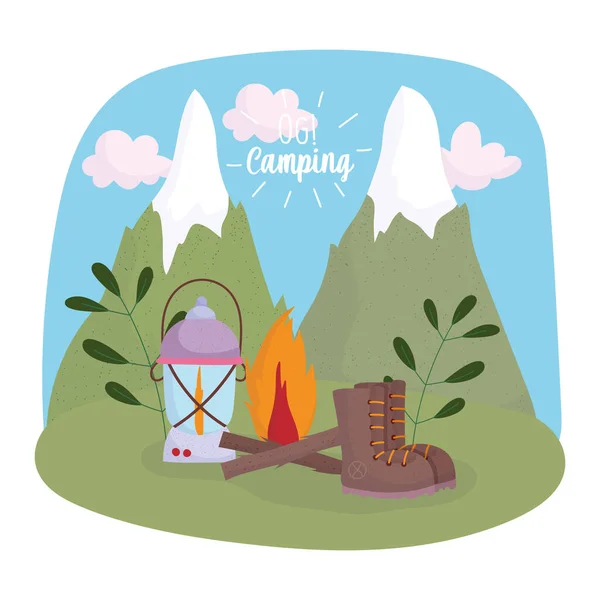 Camping bonfire lantern boot mountains vacations activity adventure design — Stock Vector