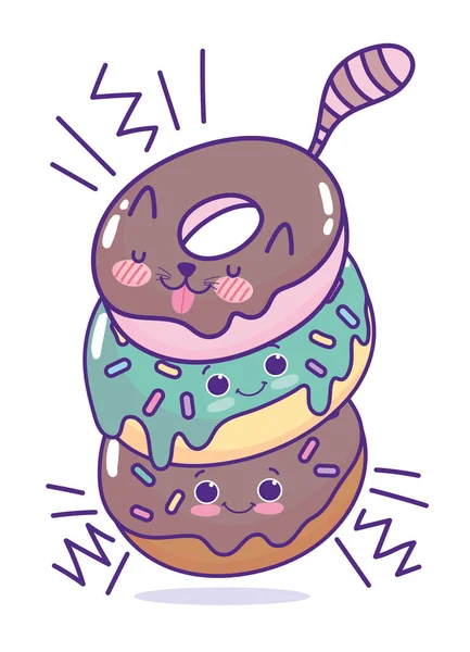 Food cute cheerful pile of donuts characters cartoon — 图库矢量图片