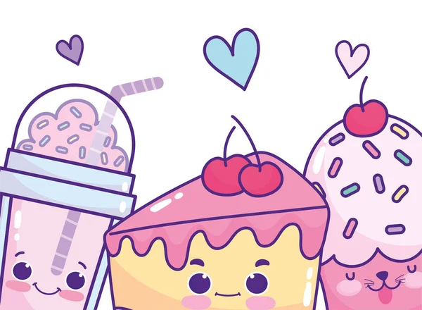 Food cute frappe cake and cupcake lovely cartoon — 图库矢量图片