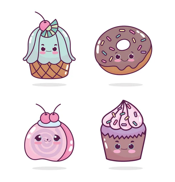 Food cute dessert cupcakes fruit donut cartoon icons — 스톡 벡터