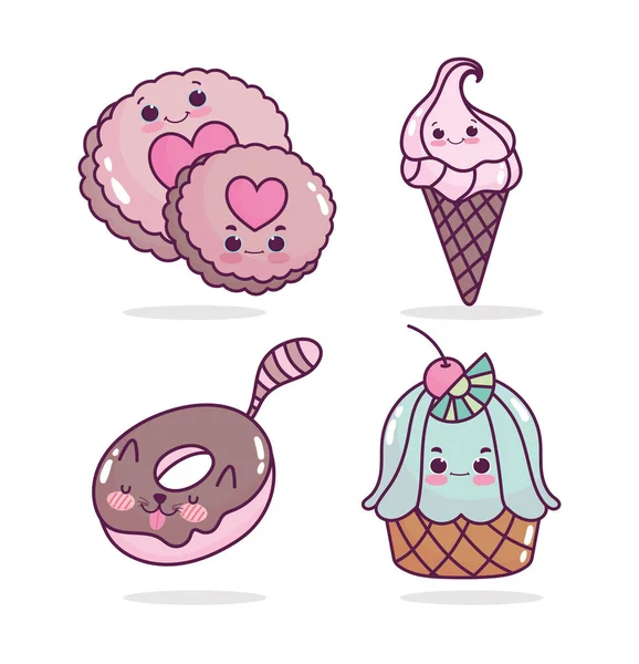 Food cute biscuits ice cream cupcake donut cartoon icons — 스톡 벡터