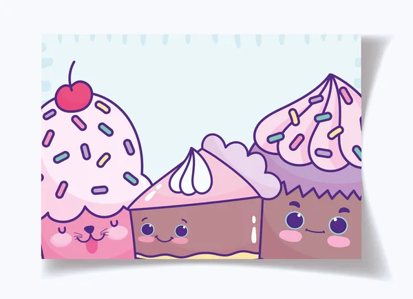 Comida lindo dibujo cupcakes pastel fruta en papel de dibujos animados — Archivo Imágenes Vectoriales