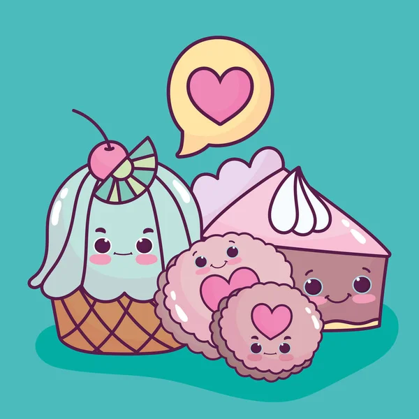Cibo carino dolce cupcake biscotti e torta amore cartone animato — Vettoriale Stock