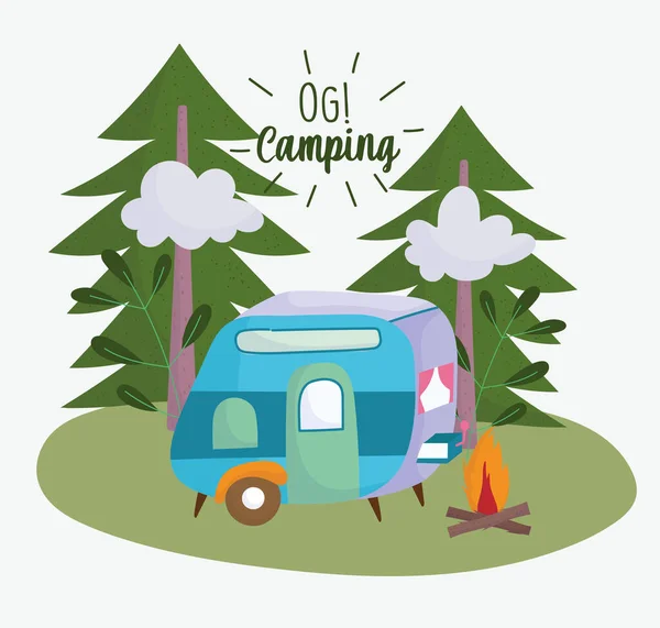 Camping reboque fogueira pinheiros férias atividade aventura design — Vetor de Stock