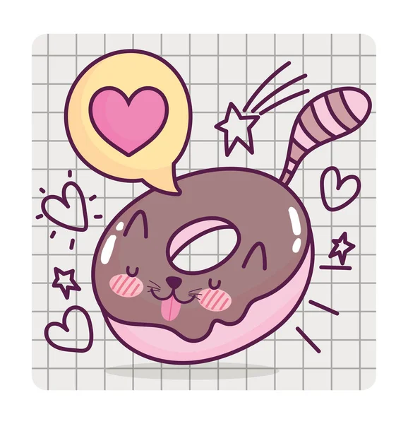 Eten schattig zoet donut vormige kat cartoon op grid achtergrond — Stockvector