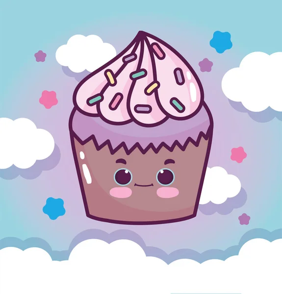 Food cute chocolate cupcake sky clouds stars cartoon — 图库矢量图片