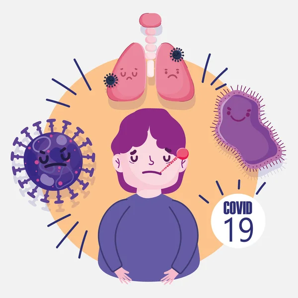 Virus covid 19 pandemie, muž s plícemi teploměru — Stockový vektor