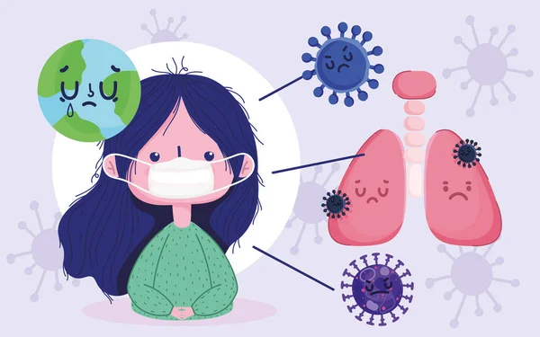 Virus covid 19 Pandemie, Mädchen mit Maske schützende und infizierte Lungen — Stockvektor
