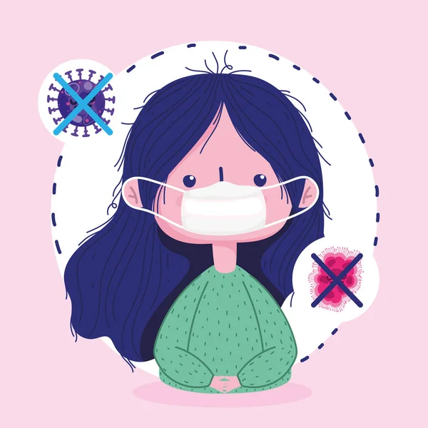 Virus covid 19 pandemic, girl wearing protective mask prevention — Stock Vector