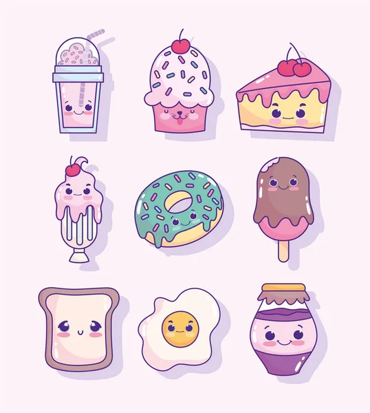 Food cute frappe cupcake ice cream egg bread donut dessert cartoon icons — 스톡 벡터