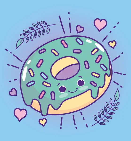 Comida bonito doce donut com polvilhas coração amor desenhos animados — Vetor de Stock