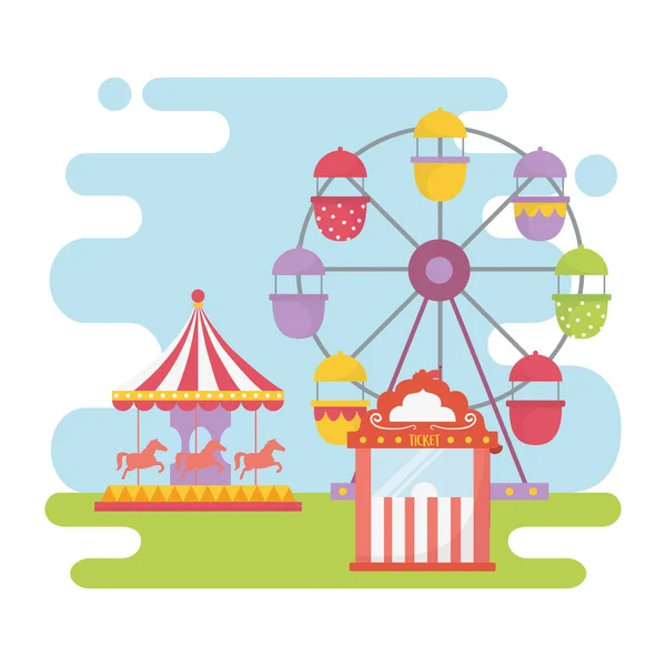 Fun fair carnival ferris wheel carousel ticket booth recreation entertainment — Stockvector