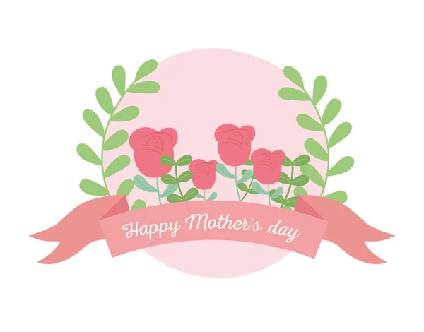 Happy mothers day, flowers roses leaves floral ribbon label — Stockvektor