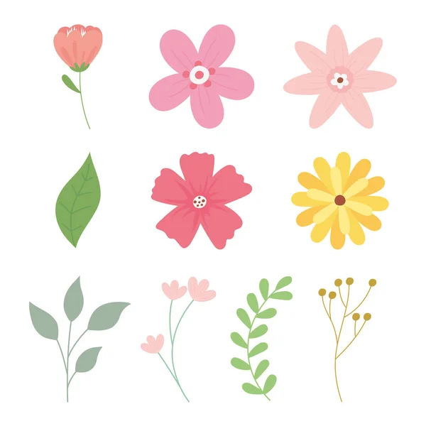 Happy mothers day, flower branch leaf ribbon icons — Stok Vektör