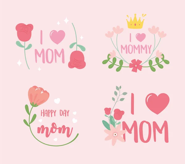 Happy mothers day, differents lettering flowers decoration celebration — Stock Vector