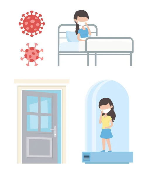 Virus covid 19 quarantine, woman in hospital bed and quarantined tube — Διανυσματικό Αρχείο