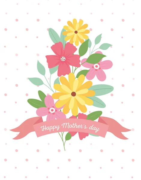 Happy mothers day, bunch flowers ribbon decoration card — 图库矢量图片