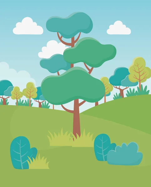 Paisaje árboles campo arbustos follaje naturaleza vegetación imagen — Vector de stock