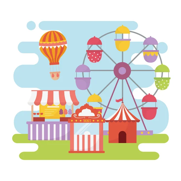 Fun fair carnival ferris wheel booth ticket food recreation entertainment — 스톡 벡터