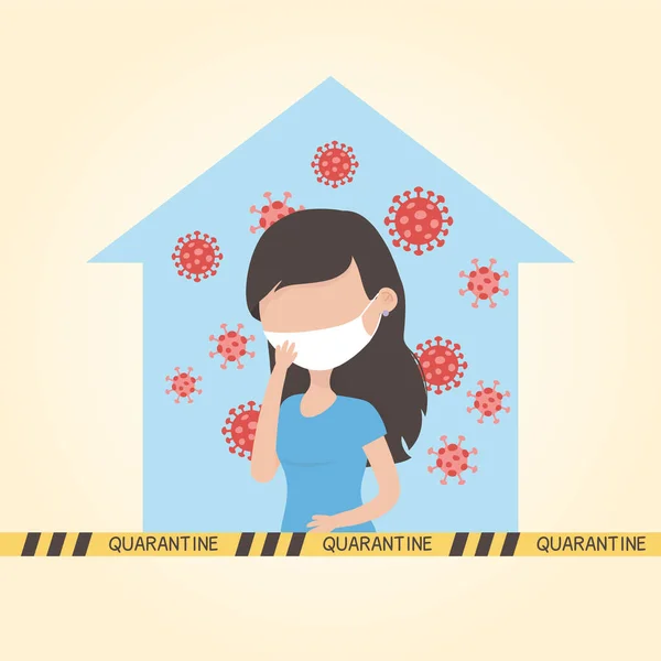 Virus covid 19 karantän, kvinna med mask i huset coronavirus symbol — Stock vektor