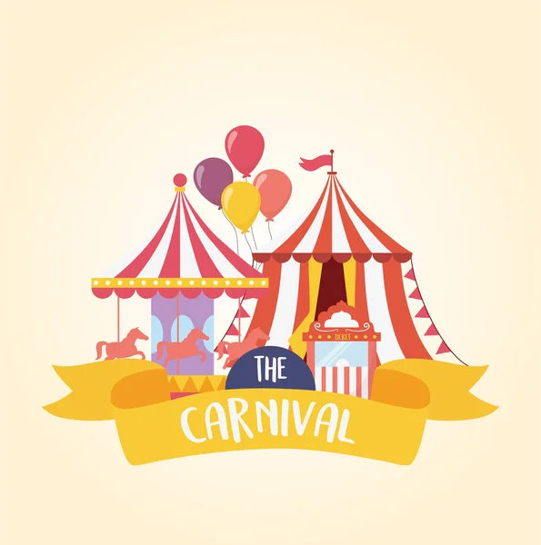 Fun fair carnival carousel tent and ticket booth recreation entertainment — Stock Vector