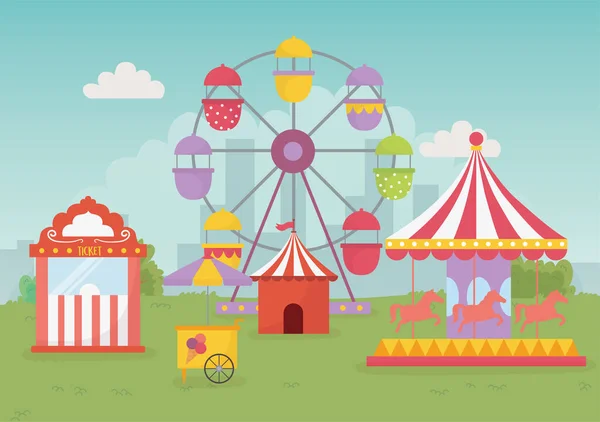 Kirmes Karnevalszelt Karussell Luftballons Riesenrad Freizeit Unterhaltung — Stockvektor