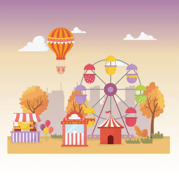 Fun fair carnival booth tent balloons air balloon ferris wheel city recreation — Stockvektor