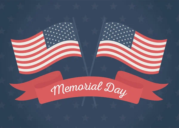 Feliz dia memorial, bandeiras cruzadas estrelas fita azul fundo americano celebração — Vetor de Stock