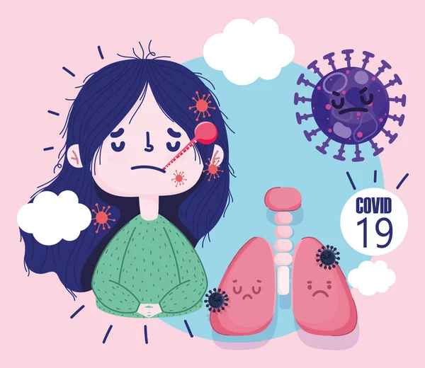 Virüs covid 19 salgını. Termometresi ve zatürresi olan bir kız.