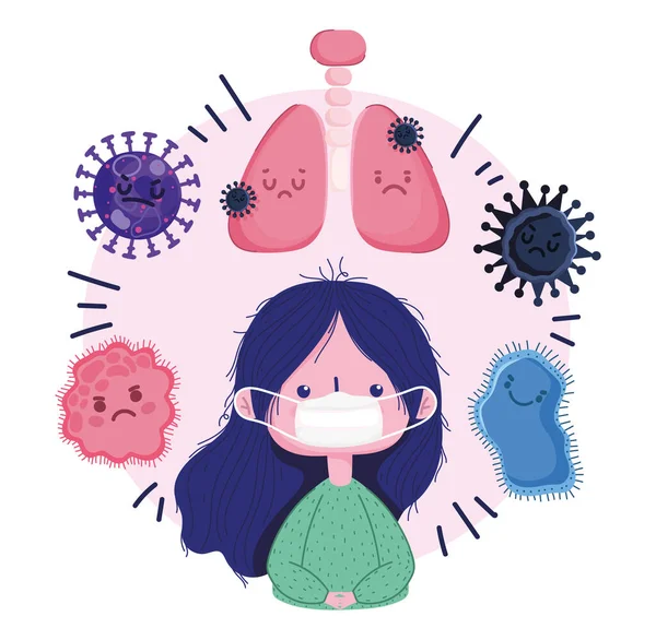 Virus covid 19 pandemie, meisje masker longen cartoon — Stockvector
