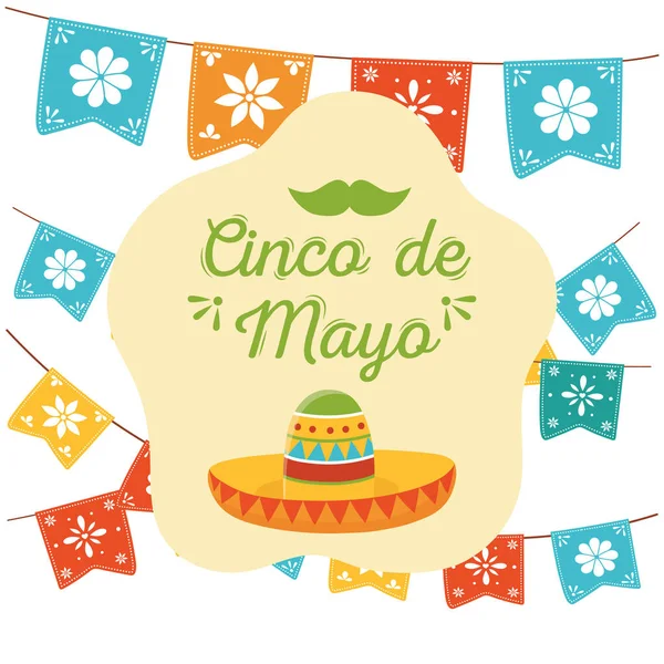 Cinco de mayo hat traditonal pennants mexican celebration — Stok Vektör