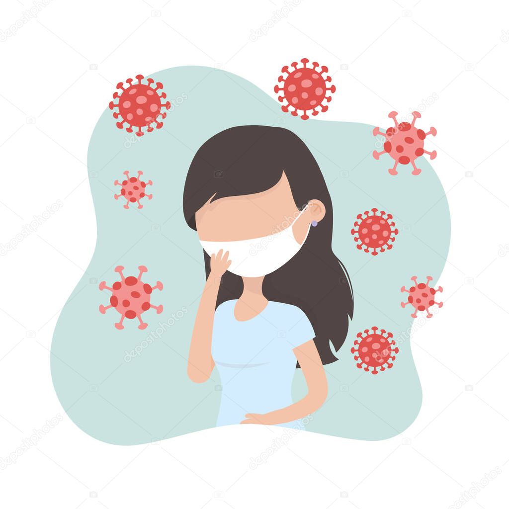 Virus Covid-19 quarantine, sick woman with protective mask coronavirus symbol