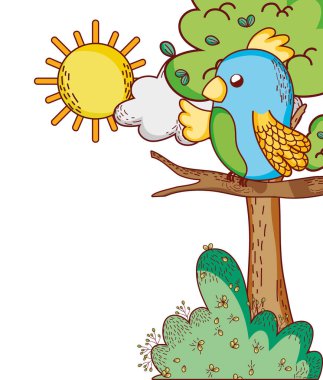 cute animals, parrot in branch tree sun cartoon