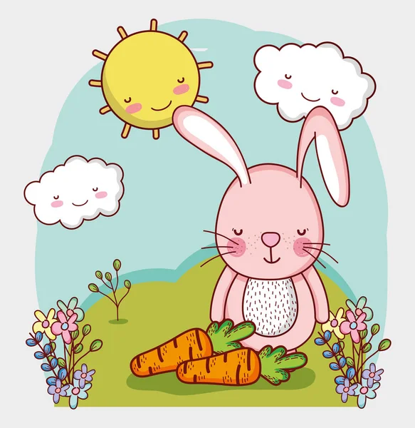 Animaux mignons, lapin avec des carottes dans le dessin animé — Image vectorielle